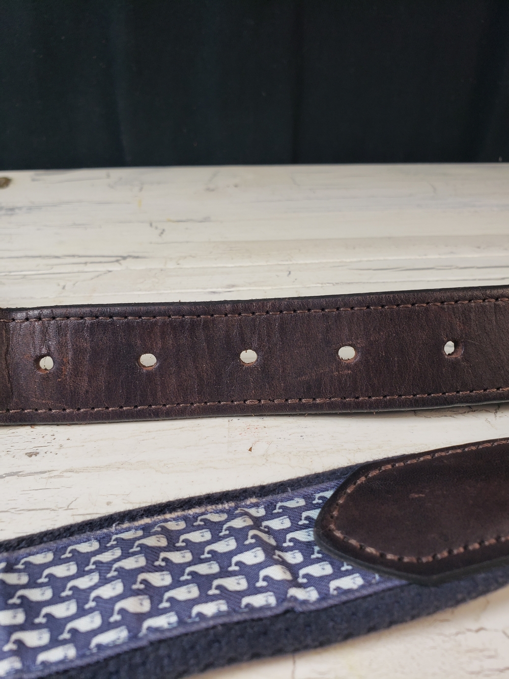 Vineyard Vines Navy Whale-Print Webbing Belt with Brown Leather - Picture 12 of 16